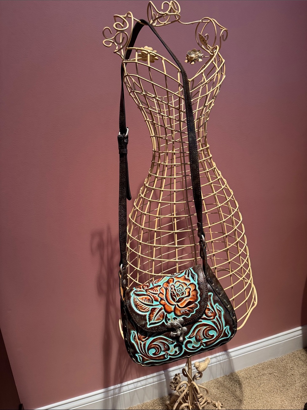 Patricia Nash Rose Tooled Floral Leather Crossbody Bag - Brown & Turquoise NWT